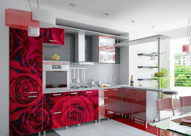 Красный кухонный гарнитур с фасадами на акриловой основе