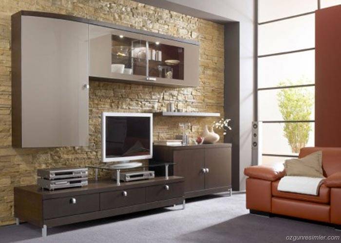 Гибкая каменная кладка в гостиной с телевизором